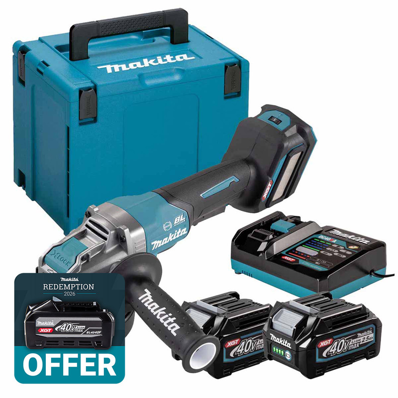 Makita GA043GD202 40V Max XGT 115mm Brushless Angle Grinder with 2 x 2.5Ah Batteries