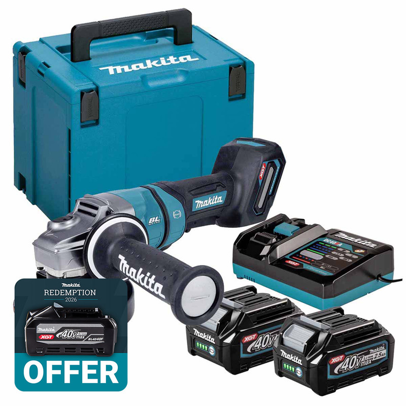 Makita GA049GD202 40V Max XGT 115mm Brushless Angle Grinder with 2 x 2.5Ah Batteries