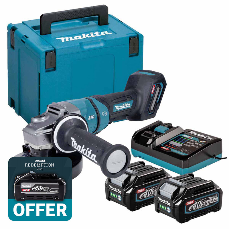 Makita GA050GD202 40V Max XGT 125mm Brushless Angle Grinder with 2 x 2.5Ah Batteries