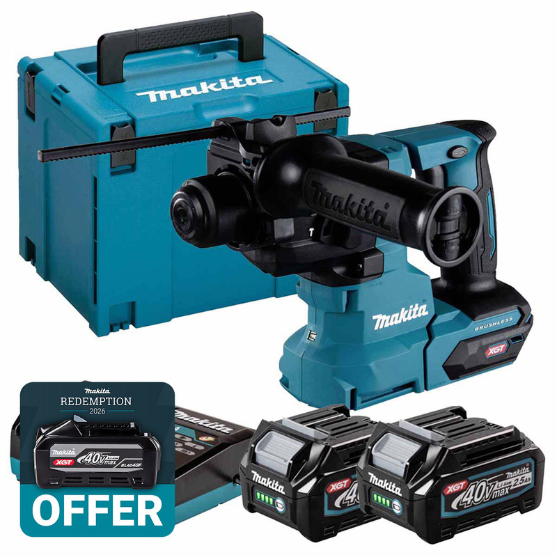 Makita HR010GD202 40V XGT Brushless SDS Plus Rotary Hammer with 2x 2.5Ah Batteries