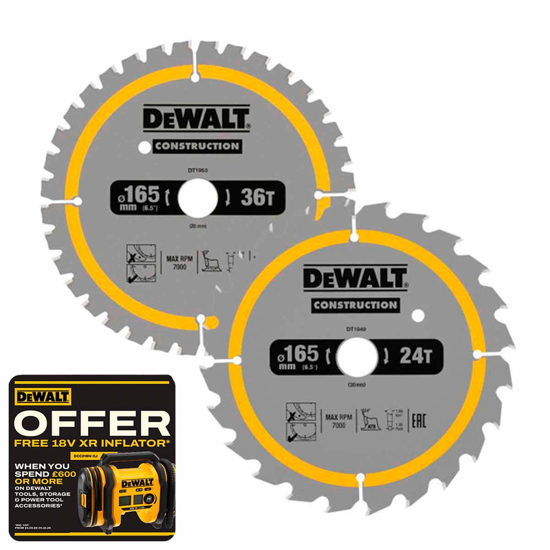DeWalt DT90270-QZ TCT Construction Circular Saw Blades 165mm x 20mm x 24T36T (2 Pack)