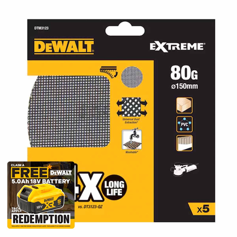 DeWalt DTM3123-QZ Extreme ROS 150mm Sanding Disc Sheet 80G (5 Pack)
