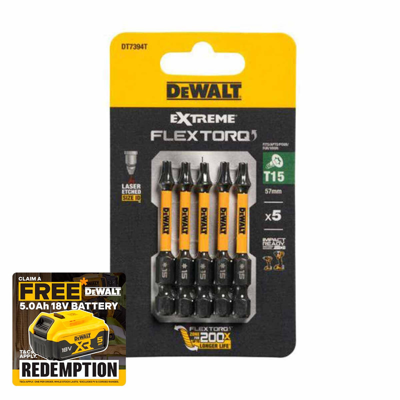 DeWalt DT7394T-QZ T15 Extreme FLEXTORQ 57mm Torsion Impact Bits (5 Pack)