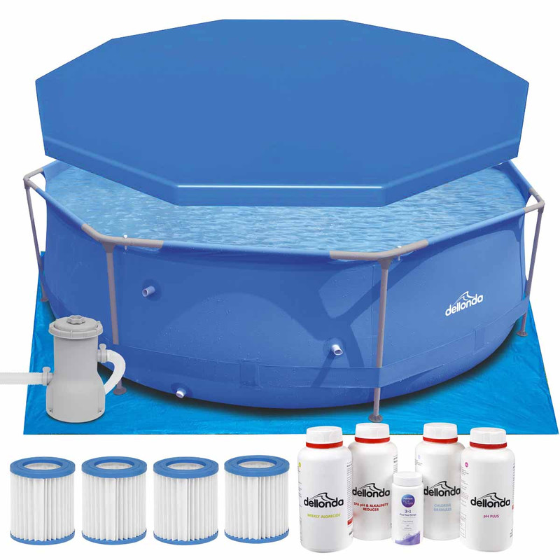 Dellonda DL137  Steel Frame Round Swimming Pool & Filter Pump with Cover, Ground Sheet, Test Strips, Starter Kit & Filters 10ft - Blue