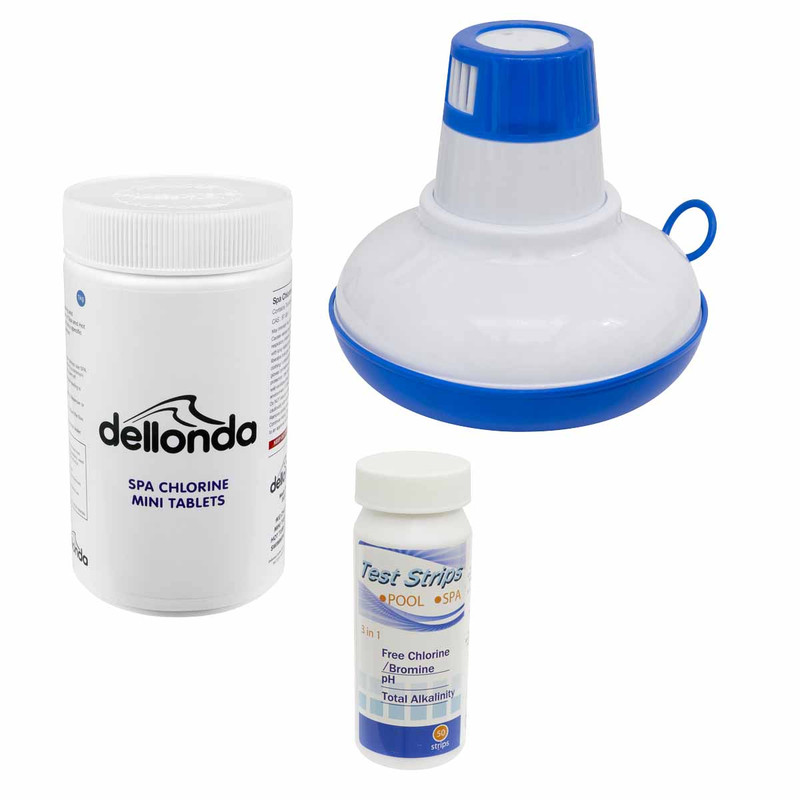 Dellonda DL97  Hot Tub/Spa & Swimming Pool Chlorine Pack includes Chlorine Mini Tabs 1kg, Chemical Floaters & 3-in-1 Test Strips