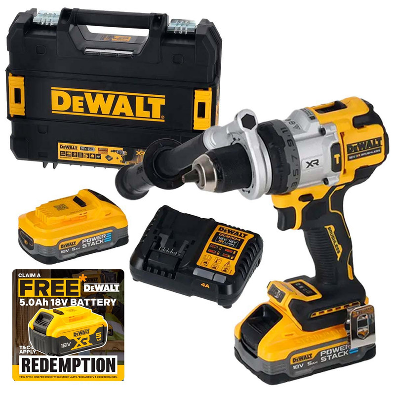 DeWalt DCD1007H2T-GB 18V XR Brushless Combi Drill with 2 x  5.0Ah POWERSTACK Batteries