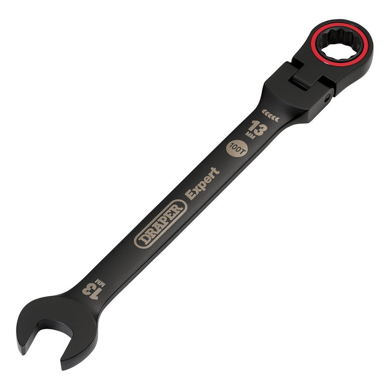 Draper Expert 03919 HI-TORQ® Metric Flexible Head Ratchet Combination Spanner, 13mm, Black