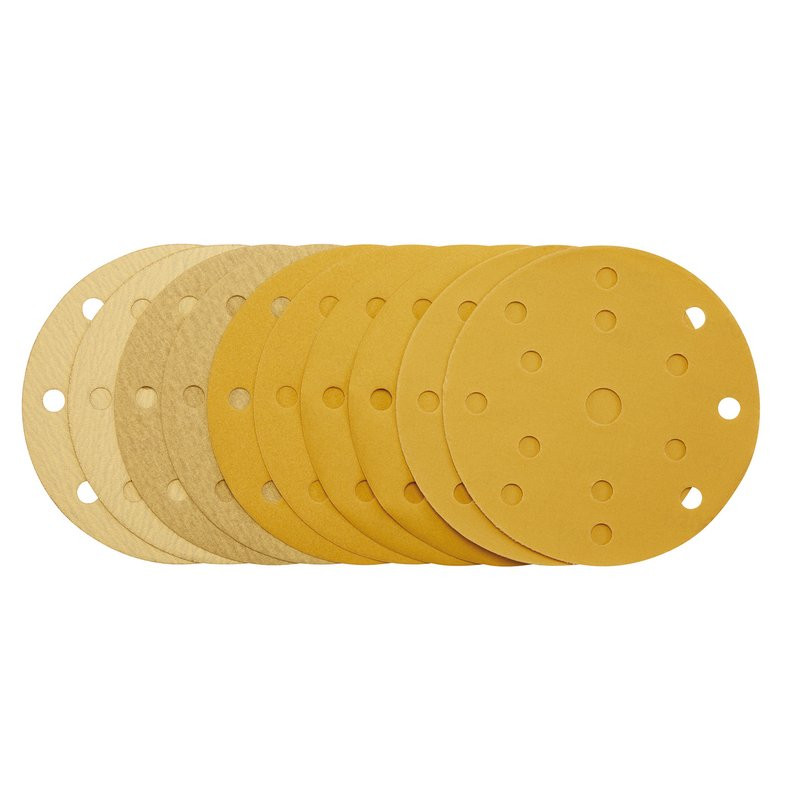 Draper 08480 Gold Sanding Discs with Hook & Loop, 150mm, Assorted Grit - 120G, 180G, 240G, 320G, 400G, 15 Dust Extraction Holes (10 Pack)