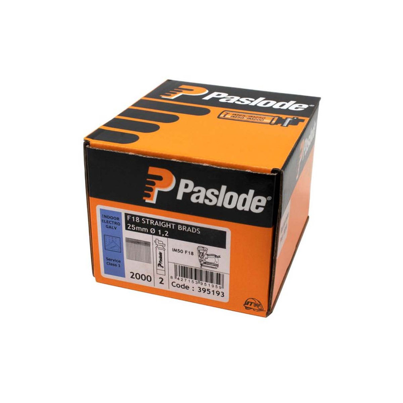 Paslode 395193 F18 1.2 x 25mm Electro Galvanised Straight Brads for IM50 (2000 Pack & 2 Fuel Cells)
