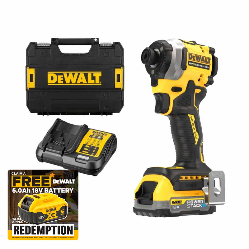 Dewalt DCF850E1T-QW 18V XR Brushless Impact Driver with 1x 1.7Ah Powerstack Battery