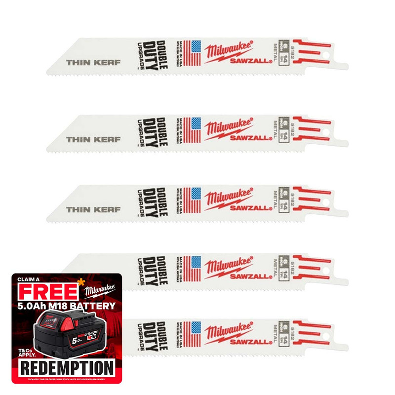 Milwaukee 48475182 Sawzall Metal Thin Kerf Blade 150mm 14 tpi (5 Pack)