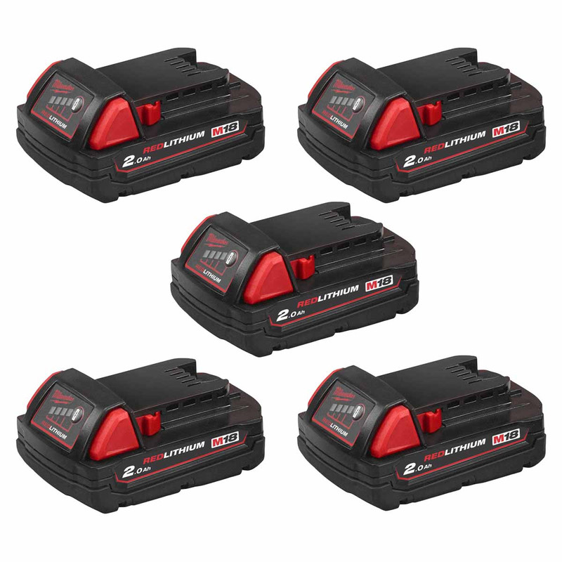 Milwaukee M18B2 18V 2.0Ah Redlithium-ion Slide Batteries (5 Pack)