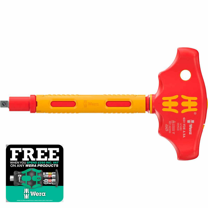 Wera 05005121001 410 i VDE A RA VDE-insulated T-handle Adapter Screwdriver with Ratchet Functionality for 3/8" Sockets