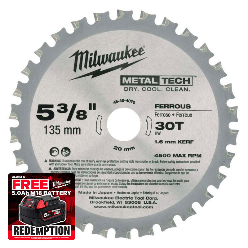 Milwaukee 48404070 Metal Circular Saw Blade 135mm x 20mm x 30T