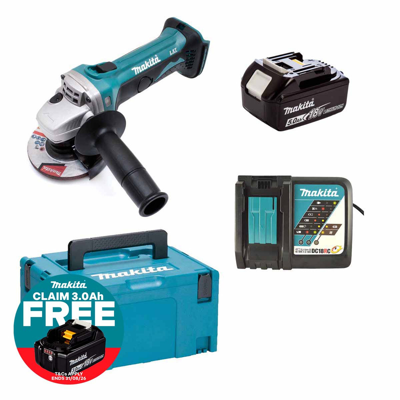 Makita DGA452STJ 18V LXT Cordless 115mm Angle Grinder Kit with 1× 5.0Ah Batteries, Charger & Makpac Case