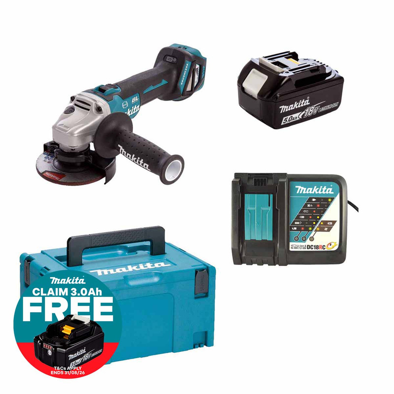 Makita DGA463STJ 18V LXT Cordless Brushless 115mm Angle Grinder Kit with 1× 5.0Ah Battery, Charger & Makpac Case
