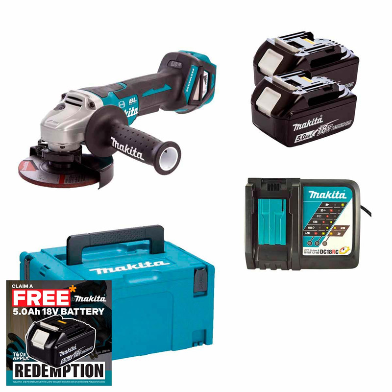 Makita DGA517RTJ 18V LXT Cordless Brushless 125mm Angle Grinder Kit with 2× 5.0Ah Batteries, Charger & Makpac Case
