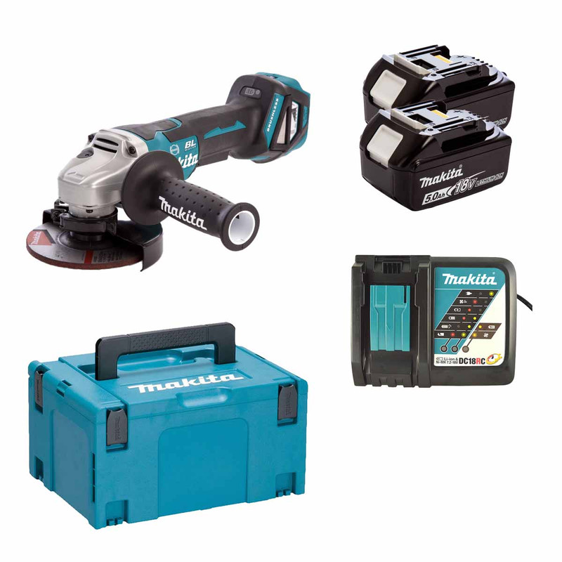 Makita DGA517RTJ 18V LXT Cordless Brushless 125mm Angle Grinder Kit with 2× 5.0Ah Batteries, Charger & Makpac Case