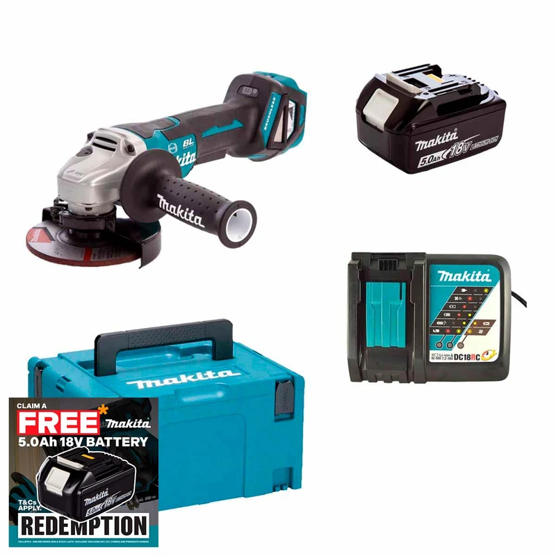 Makita DGA517STJ 18V LXT Cordless Brushless 125mm Angle Grinder Kit with 1× 5.0Ah Battery, Charger & Makpac Case