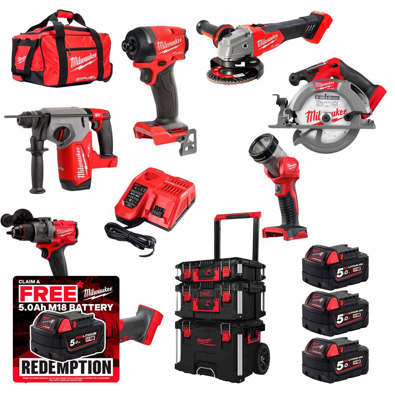 Milwaukee 4933480878/PCK1 18V 7 Piece Power Tool Kit with 3x 5.0Ah Batteries & Packout Set