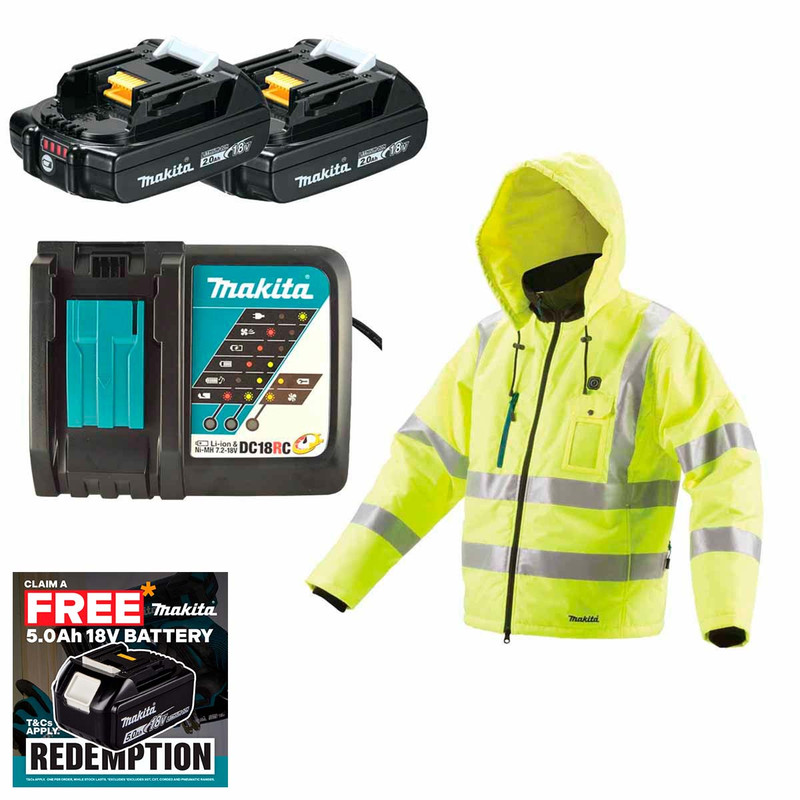Makita DCJ206ZXXLX2 14.4V/18V LXT High Visibility Heating Jacket (Size XXL) with 2x 2.0Ah Battery and Fast Charger