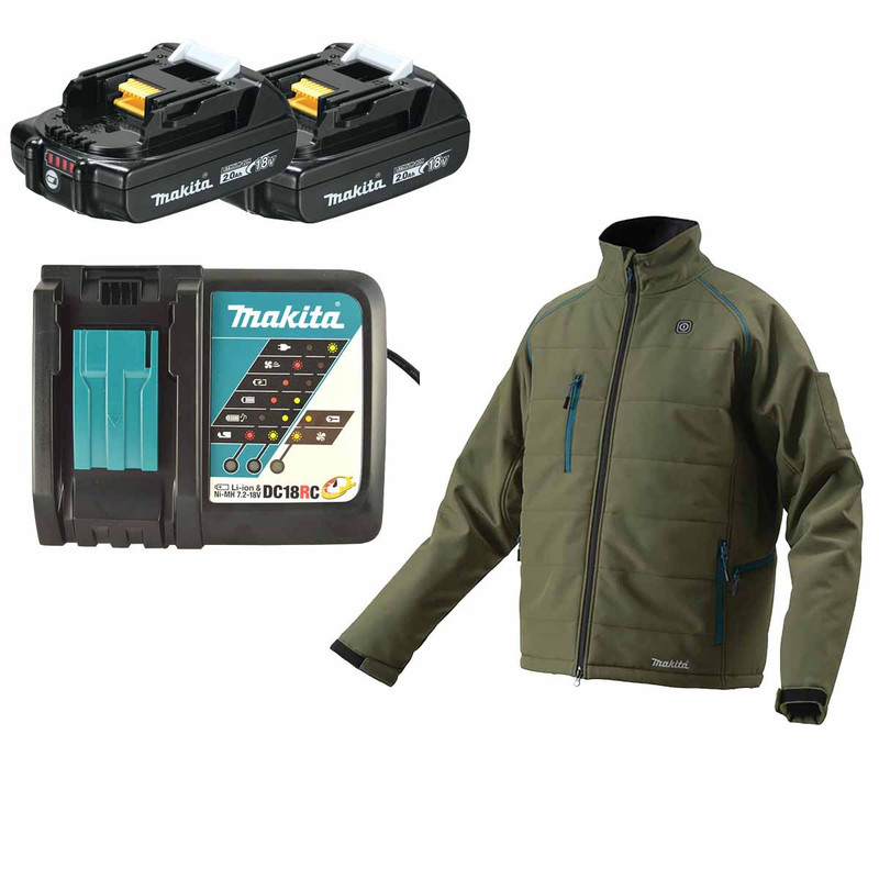 Makita DCJ205ZOXLX2 14.4V/18V LXT Olive Heating Jacket (Size XL) with 2x 2.0Ah Battery and Fast Charger