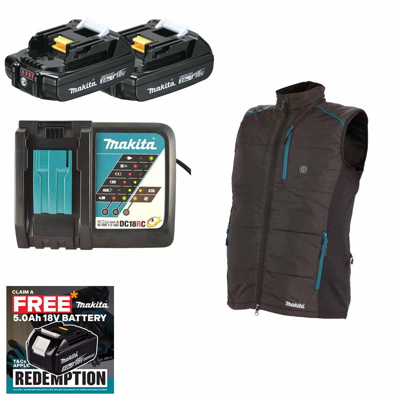 Makita DCV202ZLX2 14.4V/18V LXT Heated Vest (Size L) with 2x 2.0Ah Battery and Fast Charger