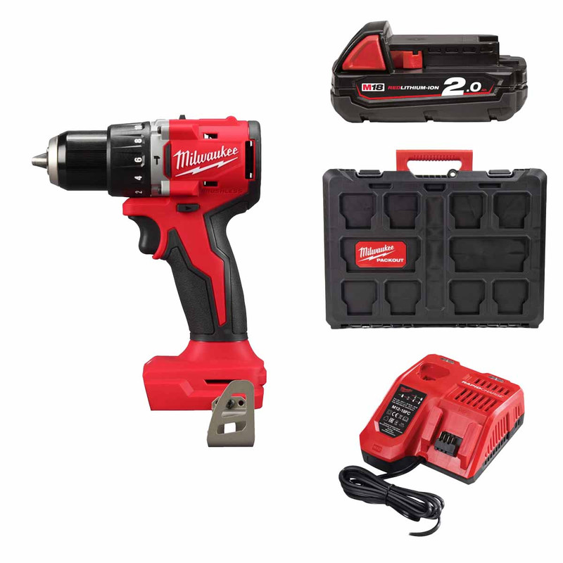 Milwaukee M18 BLPDCR-201X 18V Compact Brushless Percussion Drill with 2.0Ah Battery, Fast Charger & Packout Case