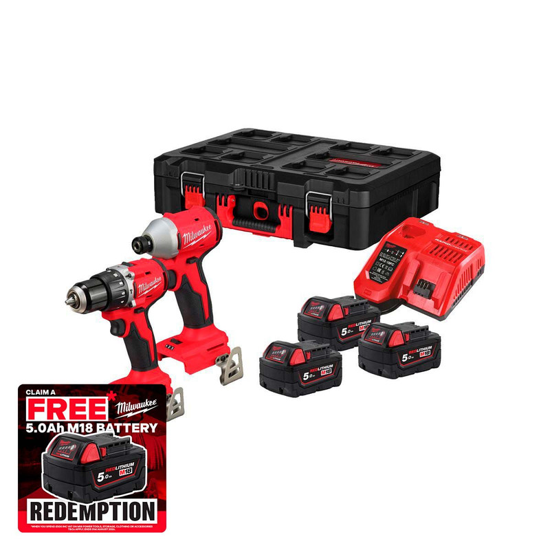 Milwaukee M18 BLPP2D3-503P 18V Brushless Twinpack with 3x 5.0Ah Battery, Fast Charger and Packout Case