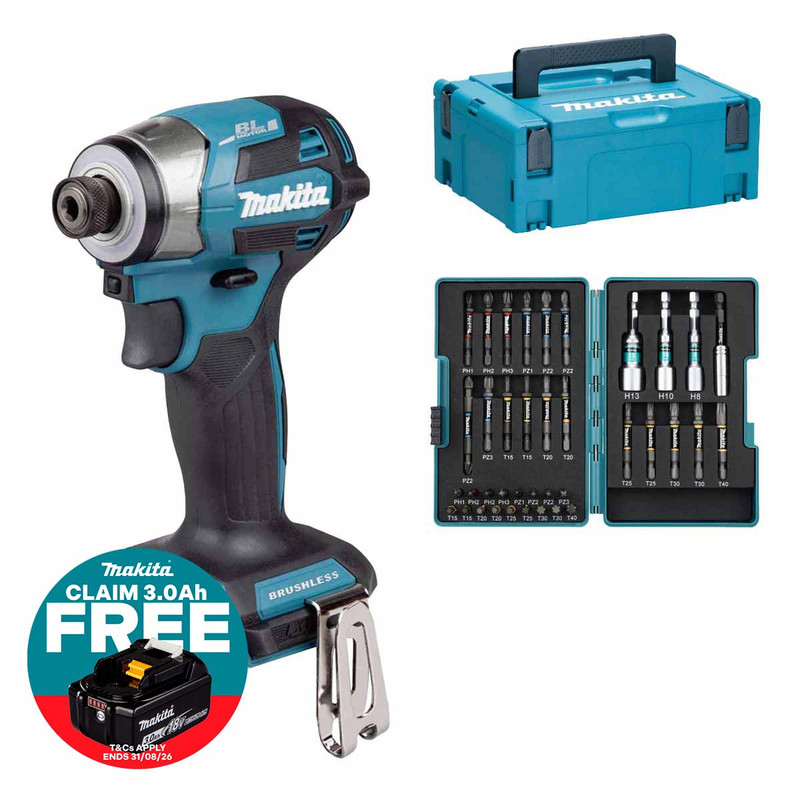 Makita DTD173ZJX2 18V Cordless Brushless Impact Driver with E-26179 Impact Premier Torsion Bit Set (38 Pieces) & Makpac Case