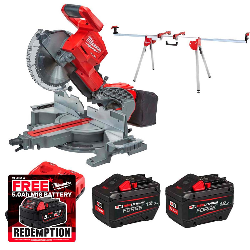 Milwaukee M18FMS254-122KIT 18V Fuel 254mm Mitre Saw and Mitre Saw Stand with 2x 12.0Ah Batteries & Fast Charger