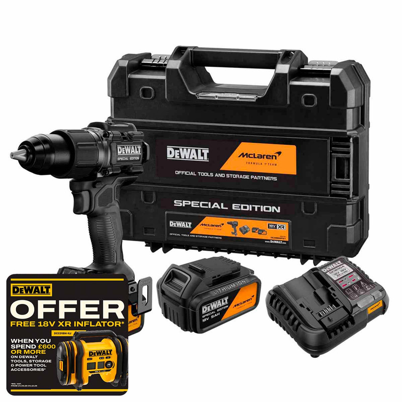 DeWalt DCD86MP2T 18V XR McLaren F1 Hammer Drill Driver with 2x 5.0Ah Batteries & Charger