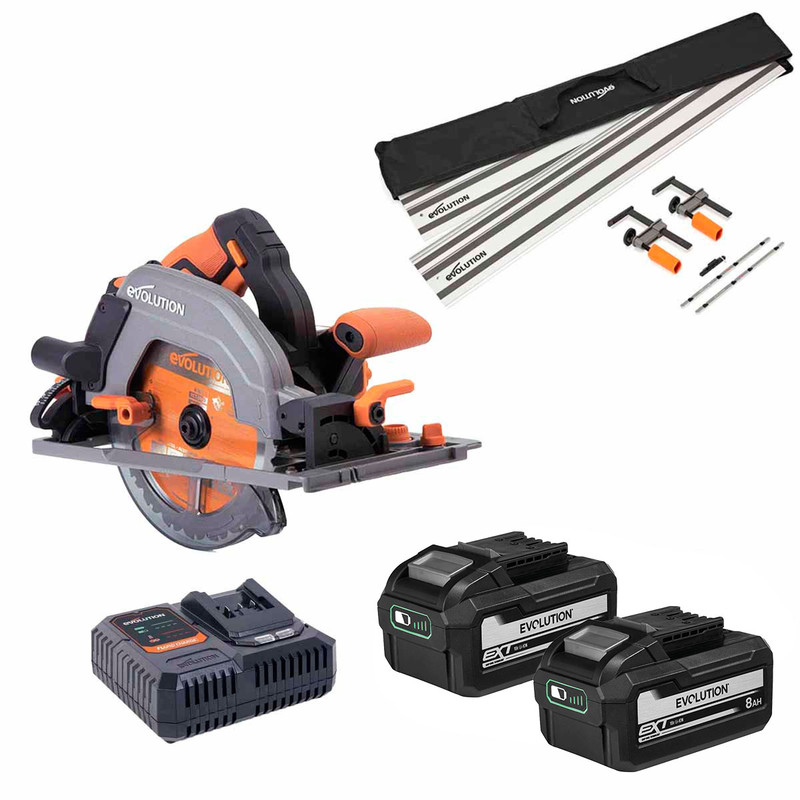 Evolution R185CCSX-Li Brushless 18V Li-Ion EXT 185mm Circular Saw with 2x 8.0Ah Batteries, 2800mm Circular Saw Track & Fast Charger