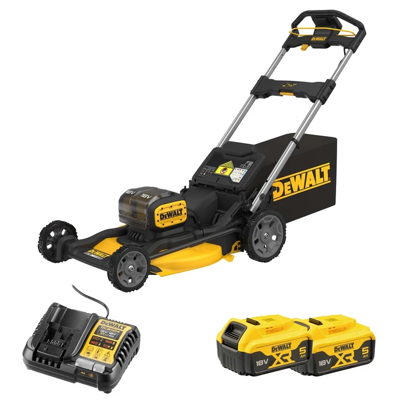DeWalt DCMWP134 Twin 18V XR Next Generation 48cm Brushless Push Lawn Mower with 2x 5.0Ah Batteries & Charger