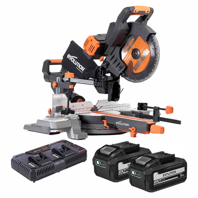 Evolution R255SMS-DB-Li Twin 18V 36V EXT 255mm Double Bevel Mitre Saw with 2x 8.0Ah Batteries & Dual Port Charger