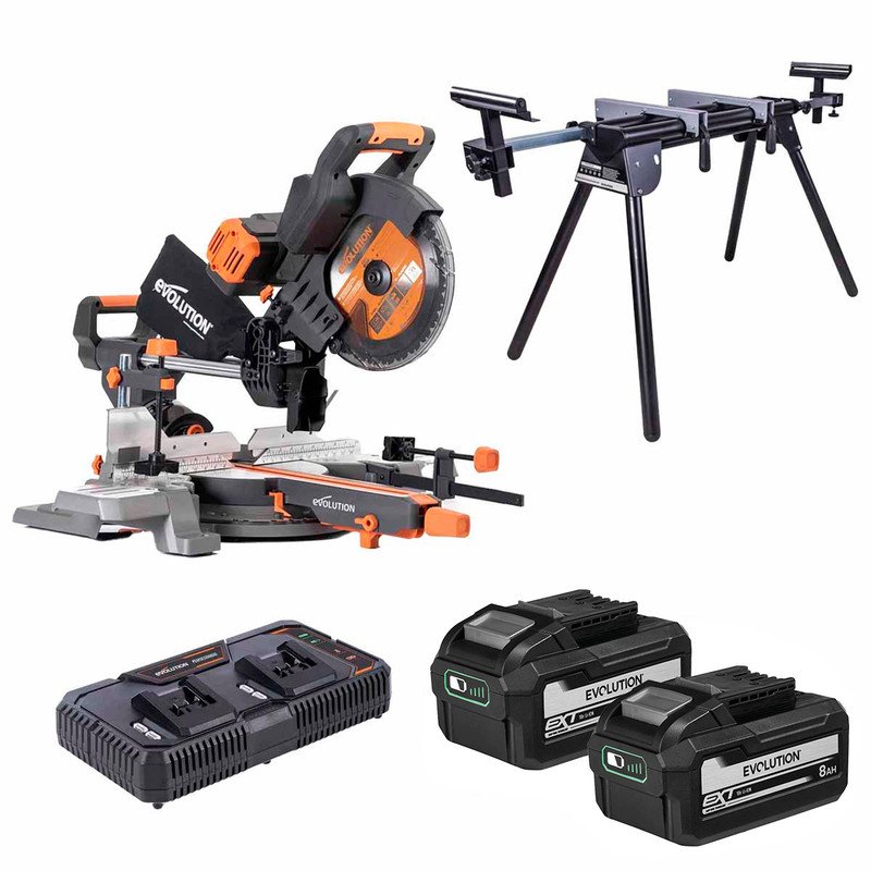Evolution R255SMS-DB-Li Twin 18V 36V EXT 255mm Double Bevel Mitre Saw with 2x 8.0Ah Batteries, Mitre Saw Stand & Dual Port Charger