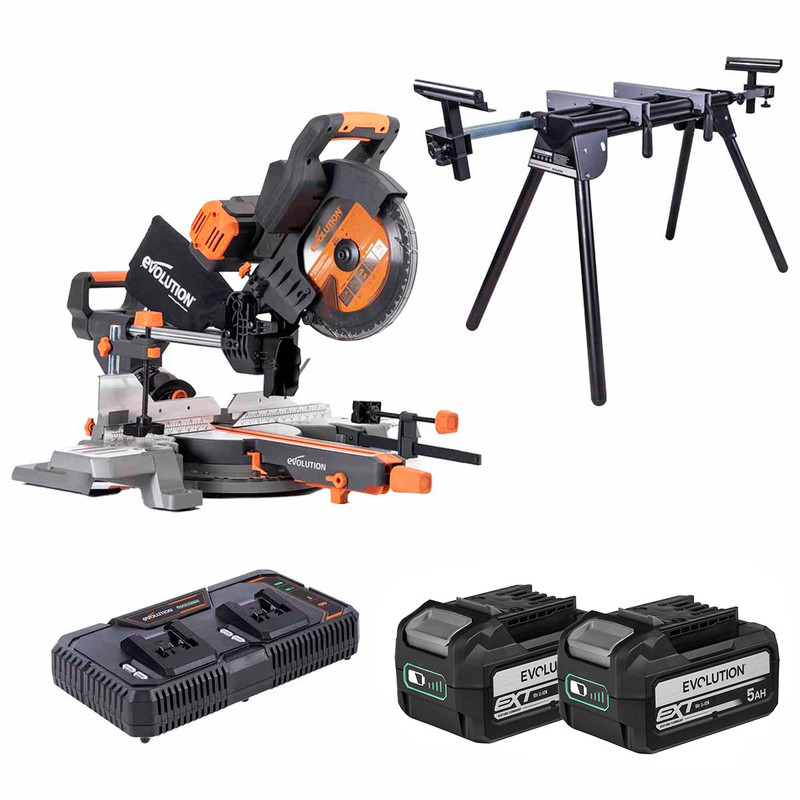 Evolution R255SMS-DB-Li Twin 18V 36V EXT 255mm Double Bevel Mitre Saw with 2x 5.0Ah Batteries, Mitre Saw Stand & Dual Port Charger