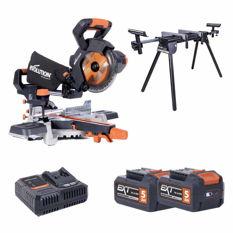 Evolution R185SMS-LI 18V EXT 185mm Cordless Sliding Mitre Saw with 2x 5.0Ah Batteries, Stand & Fast Charger