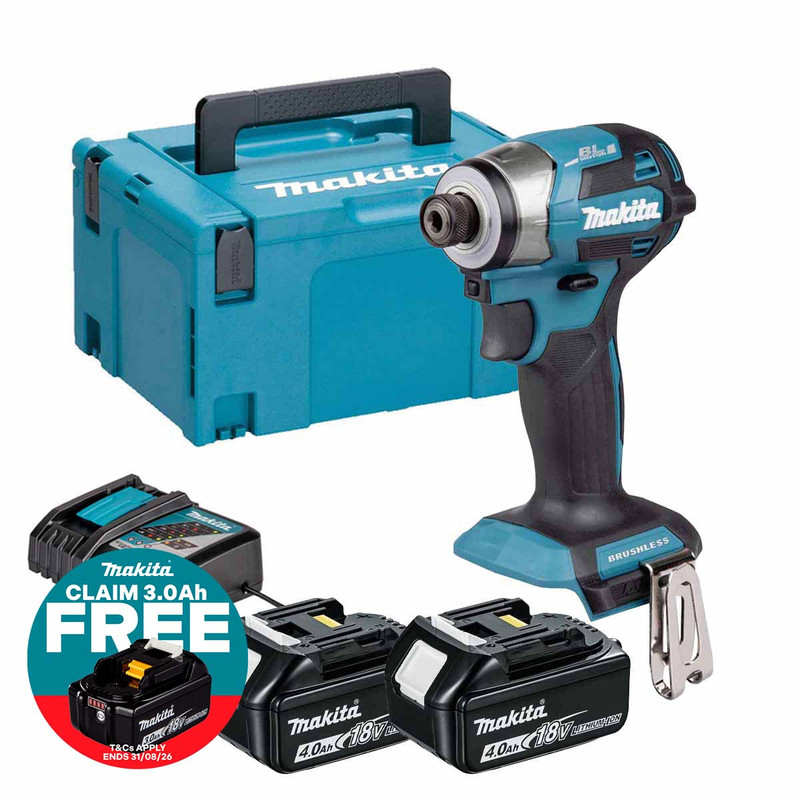 Makita DTD173Z 18V Brushless Impact Driver with 2x 4.0Ah Batteries, Charger & Makpac Carry Case