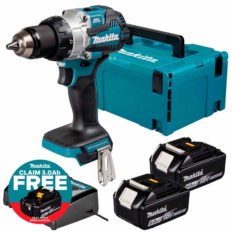 Makita DHP489Z 18V LXT Brushless Compact Combi Drill with 2x 6.0Ah Batteries, Charger & Makpac Carry Case