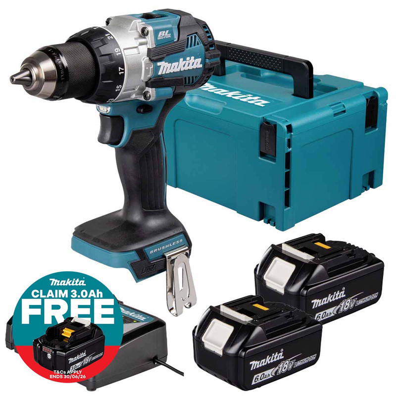 Makita DHP489Z 18V LXT Brushless Compact Combi Drill with 2x 6.0Ah Batteries, Charger & Makpac Carry Case