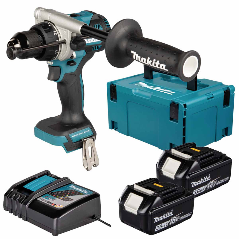 Makita DHP492Z 18V LXT Brushless Combi Drill with 2x 3.0Ah Batteries, Charger & Makpac Carry Case
