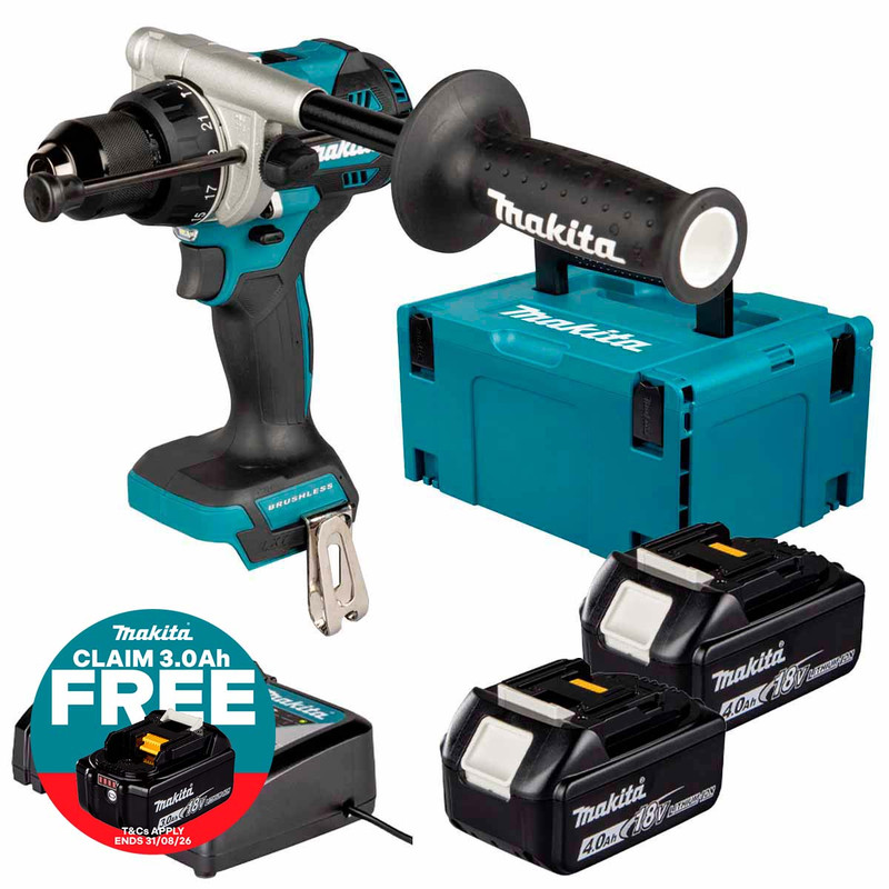 Makita DHP492Z 18V LXT Brushless Combi Drill with 2x 4.0Ah Batteries, Charger & Makpac Carry Case