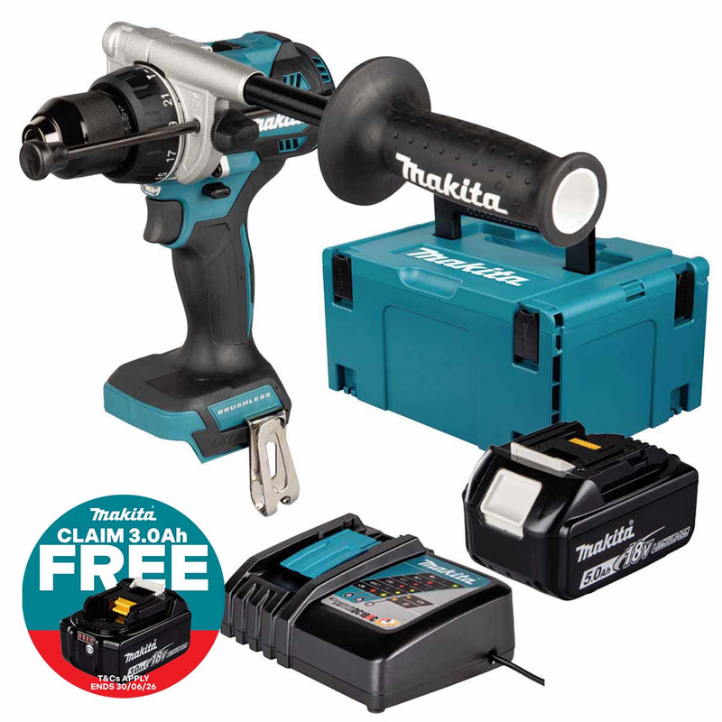 Makita DHP492Z 18V LXT Brushless Combi Drill with 1x 5.0Ah Battery, Charger & Makpac Carry Case