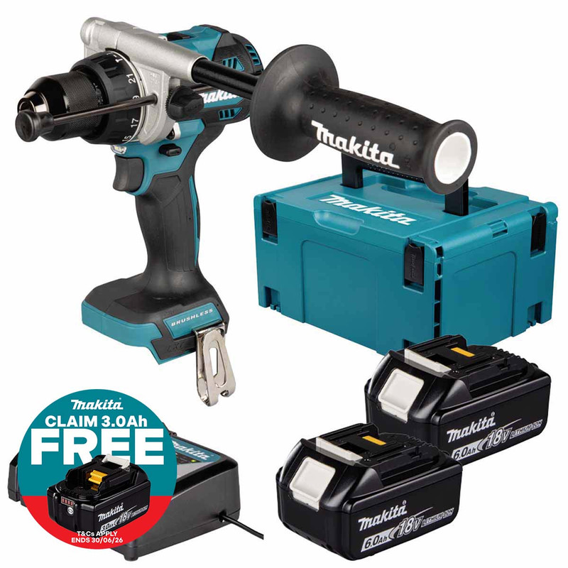 Makita DHP492Z 18V LXT Brushless Combi Drill with 2x 6.0Ah Batteries, Charger & Makpac Carry Case