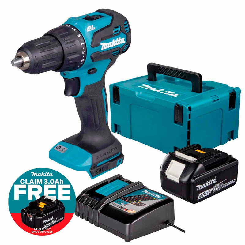 Makita DHP490Z 18V LXT Brushless Combi Drill with 1x 4.0Ah Battery, Charger & Makpac Carry Case