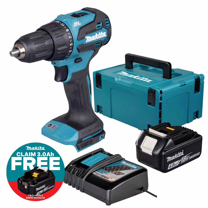 Makita DHP490Z 18V LXT Brushless Combi Drill with 1x 4.0Ah Battery, Charger & Makpac Carry Case