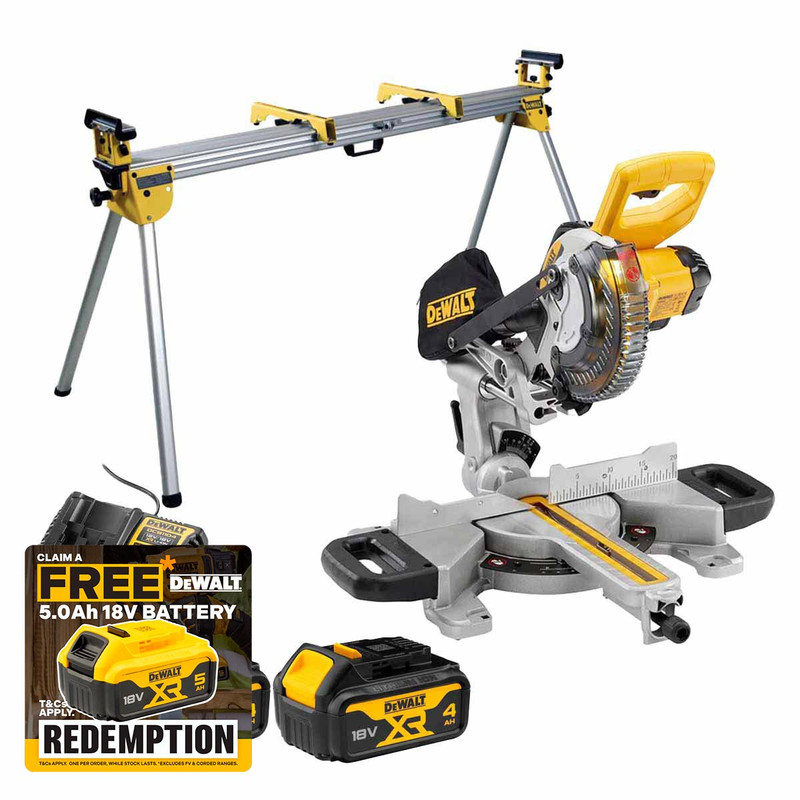 DCS365N 18V XR 184mm XPS Slide Mitre Saw with 2x 4.0Ah Batteries, Charger and Stand