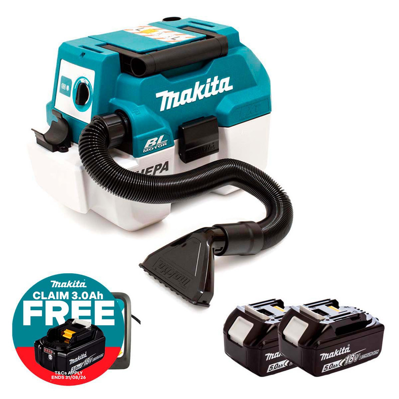 Makita DVC750LZX3 LXT 18V Brushless L-Class Vacuum Cleaner with 2x 5.0Ah Batteries & Charger