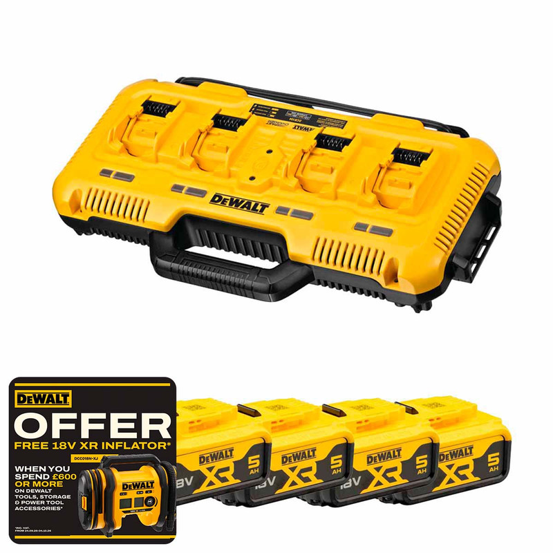 DeWalt DCB104-GB 18V XR 4 Port Fast Battery Charger with 4x 5.0Ah 18V Batteries